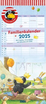DUMONT - Der kleine Rabe Socke 2025 Familienkalender, 22x49,5cm, Planer mit 5 Spalten für die ganze Familie, Jahresübersicht 2026 und Schulferientabelle, deutsches Kalendarium