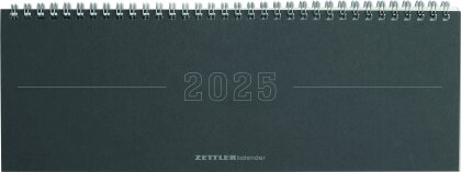 Zettler - Tisch-Querkalender Papyrus 2025 grau, 29,7x10,5cm, Bürokalender mit 112 Seiten, Monatsübersicht, Notizbereich, Mondphasen, Jahresübersicht, Ringbindung und deutsches Kalendarium