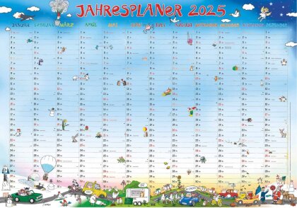 Alpha Edition - Jahresplaner Happy XL 2025 Plakatkalender, 100x70 cm, Kalender mit Jahresübersicht, liebevollen Illustrationen von Silke Leskien und deutschem Kalendarium
