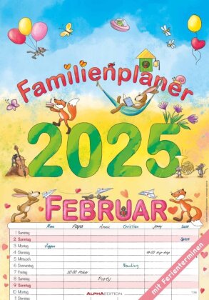 Alpha Edition - Familienplaner Cartoon 2025, 23,7x34cm, Familienkalender mit 6 Spalten und vielen Zusatzinformationen, 1 Monat auf 1 Seite, Ferientermine DE/AT/CH und deutsches Kalendarium