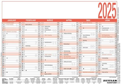 Zettler - Arbeitstagekalender 2025 weiß/rot, 14,8x10,5cm, Plakatkalender mit Monatsübersicht, 6 Monate auf 1 Seite, Ferientermine, Arbeitstage-, Tages- und Wochenzählung und deutsches Kalendarium