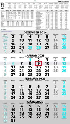 Zettler - 4-Monatskalender 2025 blau, 33x45cm, Bürokalender mit Jahresübersicht, Datumsschieber, faltbar, 4 Monate auf einen Blick, Feiertage DE /Ferientermine DE/AT/CH und deutsches Kalendarium