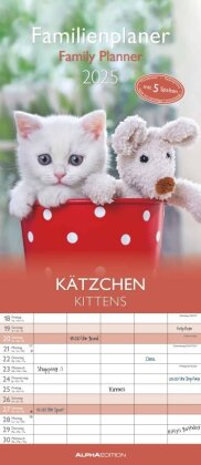 Alpha Edition - Familienplaner Kätzchen 2025, 19,5x45cm, Familienkalender mit 5 Spalten für Termine, Mondphasen, Ferientermine DE/AT/CH und deutsches Kalendarium