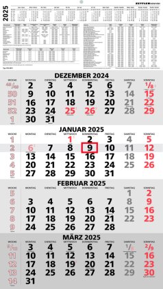 Zettler - 4-Monatskalender 2025 rot, 33x45cm, Bürokalender mit Jahresübersicht, Datumsschieber, faltbar, 4 Monate auf einen Blick, Feiertage DE /Ferientermine DE/AT/CH und deutsches Kalendarium