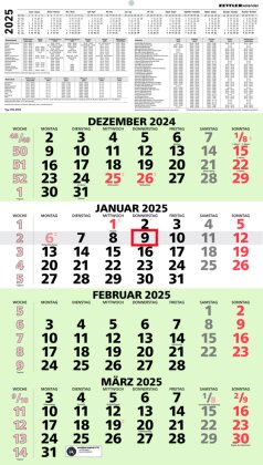 Zettler - 4-Monatskalender Recycling 2025, 33x58,8cm, Bürokalender mit Jahresübersicht, Blauer Engel, Datumsschieber, faltbar, 4 Monate auf einen Blick, Feiertage DE und deutsches Kalendarium