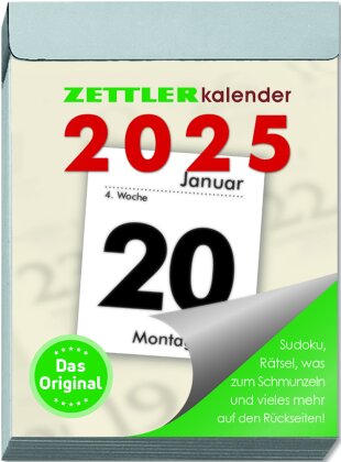 Zettler - Tagesabreißkalender 2025 M, 5,4x7,2cm, Abreißkalender mit Sudokus, Rezepten und Rätseln, Sonnen- und Mondzeiten, Namenstage, mit Aufhängung und deutsches Kalendarium