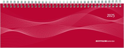 Zettler - Tisch-Querkalender 2025 rot, 29,7x10,5cm, Bürokalender mit 112 Seiten, Monatsübersicht, Notizbereich, Mondphasen, Jahresübersicht, Ringbindung und internationales Kalendarium