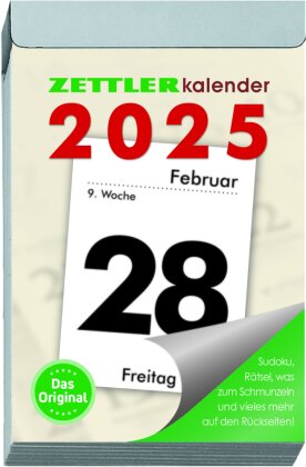 Zettler - Tagesabreißkalender 2025 L, 6,6x9,9cm, Abreißkalender mit Sudokus, Rezepten und Rätseln, Sonnen- und Mondzeiten, Namenstage, mit Aufhängung und deutsches Kalendarium