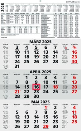 Zettler - 3-Monatskalender 2025 schwarz/rot, 29,7x48,8cm, Bürokalender mit Jahresübersicht, Datumsschieber, faltbar, 3 Monate auf einen Blick, Feiertage/Ferientermine DE/AT/CH und Kalendarium DE