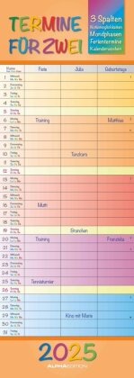 Alpha Edition - Regenbogen 2025 Familienplaner für 2, 15x42,cm, Familienkalender mit 3 Spalten für Termine und Notizmöglichkeiten, Mondphasen und Ferientermine DE/AT/CH