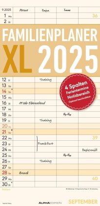 Alpha Edition - Familienplaner XL 2025 Familienkalender, 22x45cm, Kalender mit 4 Spalten, viel Platz für Notizen, gedruckt auf Offset-Papier, deutsches Kalendarium und Ferientermine DE/AT/CH