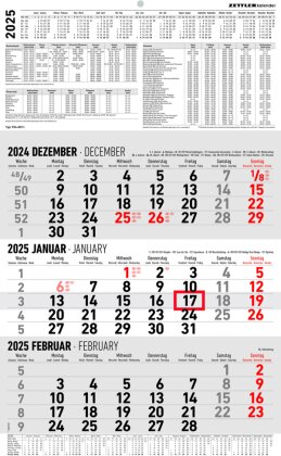 Zettler - 3-Monatskalender 2025, 30x48,8cm, Bürokalender mit Jahresübersicht, Datumsschieber, faltbar, 3 Monate auf einen Blick, Feiertage/Ferientermine DE/AT/CH und internationales Kalendarium