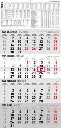 Zettler - 4-Monatskalender 2025, 30x62,8cm, Bürokalender mit Jahresübersicht, Datumsschieber, faltbar, 4 Monate auf einen Blick, Feiertage/Ferientermine DE/AT/CH und internationales Kalendarium