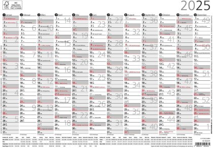 Zettler - Plakatkalender 2025, 29,7x21cm, Jahresplaner mit Jahresübersicht, 12 Monate auf 1 Seite, Mondphasen, Arbeitstage-, Tages- und Wochenzählung, Ferientermine und deutsches Kalendarium