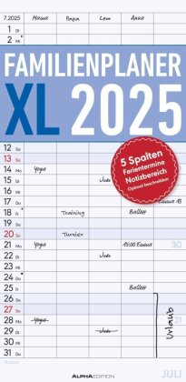 Alpha Edition - Familienplaner XL 2025 Familienkalender, 22x45cm, Kalender mit 5 Spalten, viel Platz für Notizen, Offset-Papier, deutsches Kalendarium und Ferientermine DE/AT/CH
