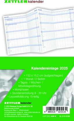 Zettler - Kalender-Ersatzeinlage 2025, 8,8x15,2cm, Ersatzeinlage für Taschenplaner Typ 510, in Folienverpackung, 1 Monat auf 2 Seiten, Tages,- Wochen- und Arbeitstagezählung und deutsches Kalendarium