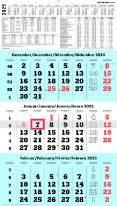 Zettler - 3-Monatskalender 2025 blau, 33x45cm, Bürokalender mit Jahresübersicht, Datumsschieber, faltbar, 3 Monate auf einen Blick, Feiertage DE /Ferientermine DE/AT/CH und deutsches Kalendarium