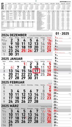 Zettler - 4-Monatskalender Kombi 2025, 33x45cm, Bürokalender mit Jahresübersicht, Datumsschieber, faltbar, 4 Monate auf einen Blick, Feiertage/Ferientermine DE/AT/CH und deutsches Kalendarium