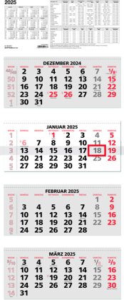 4-Monatskalender rot 2025 - 31x13,5 - mit Kopftafel - Datumsschieber - faltbar - 964-0011