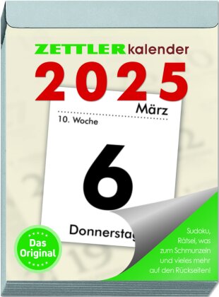 Zettler - Tagesabreißkalender 2025 XL, 8,2x10,7cm, Abreißkalender mit Sudokus, Rezepten und Rätseln, Sonnen- und Mondzeiten, Namenstage, mit Aufhängung und deutsches Kalendarium