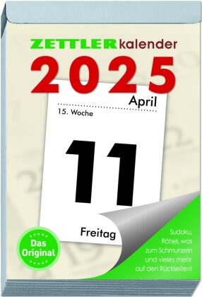 Zettler - Tagesabreißkalender 2025 XXL, 9,9x14,3cm, Abreißkalender mit Sudokus, Rezepten und Rätseln, Sonnen- und Mondzeiten, Namenstage, mit Aufhängung und deutsches Kalendarium
