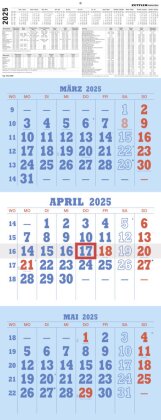 Zettler - 3-Monatskalender 2025 blau/rot, 29,7x78cm, Bürokalender mit Jahresübersicht, Datumsschieber, faltbar, 3 Monate auf einen Blick, Ferientermine DE/AT/CH und internationales Kalendarium