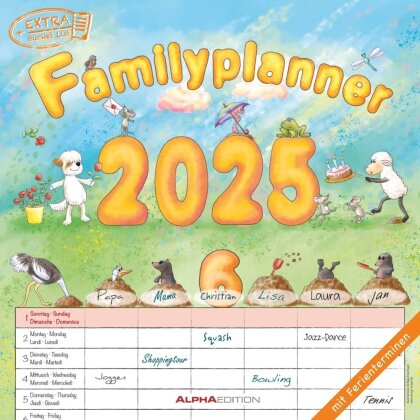 Alpha Edition - Familienplaner Cartoon 2025 Broschürenkalender, 30x30cm, Kalender mit 6 Spalten für Termine, Illustrationen von Bayer Design, Ferientermine DE/AT/CH, internationales Kalendarium