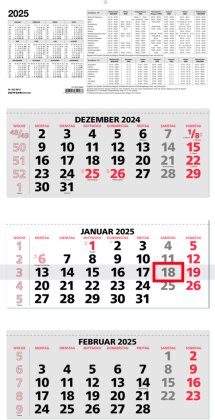 3-Monatskalender 2025 - 33,5x71 rot - mit Kopftafel - Datumsschieber - 5 sprachig - 3 Blöcke - 953-0011