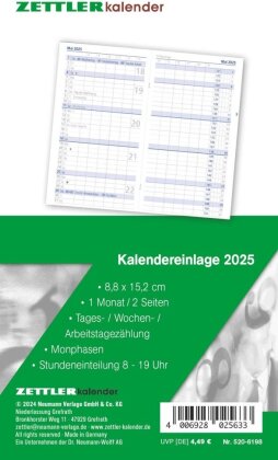 Zettler - Kalender-Ersatzeinlage 2025, 8,8x15,2cm, Ersatzeinlage für Taschenplaner Typ 520, in Folienverpackung, 1 Monat auf 1 Seite, Tages,- Wochen- und Arbeitstagezählung und deutsches Kalendarium