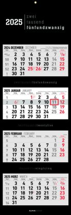 Alpha Edition - 4-Monatskalender Black 2025 Bürokalender, 33x20cm(33x100cm geöffnet), Kalender mit Jahresübersicht, Datumsschieber, faltbar, 4 Monate auf einen Blick und internationales Kalendarium