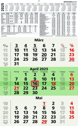 Zettler - 3-Monatskalender Recycling 2025, 29,7x48,8cm, Bürokalender mit Jahresübersicht, Blauer Engel, faltbar, 3 Monate auf einen Blick, Feiertage/Ferientermine DE/AT/CH und deutsches Kalendarium