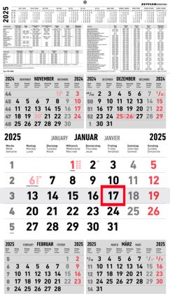 Zettler - 5-Monatskalender 2025 rot, 33x45cm, Bürokalender mit Jahresübersicht, Datumsschieber, faltbar, 5 Monate auf einen Blick, Ferientermine DE/AT/CH und internationales Kalendarium