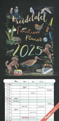 Alpha Edition - Kreidetafel Familienplaner 2025 Familienkalender, 22x45cm, Kalender mit 5 Spalten, 100-jährigem Kalender, Illustrationen von Eva Czapla und Ferientermine DE/AT/CH