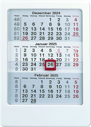 Zettler - 3-Monats-Tischaufsteller 2025 weiß,12x16cm, Tischkalender mit 3 Monaten auf 1 Seite, Datumsschieber, Feiertage hervorgehoben, Wochenzähler und deutsches Kalendarium