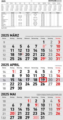 Zettler - 3-Monatskalender 2025, 23,7x44,8cm, Bürokalender mit Jahresübersicht, Datumsschieber, faltbar, 3 Monate auf einen Blick, Feiertage/Ferientermine DE/AT/CH und Kalendarium DE