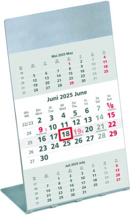 Zettler - 3-Monatskalender 2025,29,7x21cm, Tischkalender mit Edelstahlaufsteller, 3 Monate auf 1 Seite, Dreimonatsübersicht, Wochenzählung, Datumsschieber, Kopfgeleimt und DE/GB Kalendarium