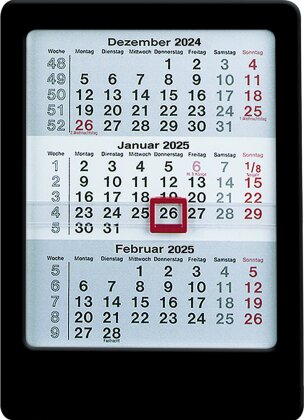 Zettler - 3-Monats-Tischaufsteller 2025 schwarz,12x16cm, Tischkalender mit 3 Monaten auf 1 Seite, Datumsschieber, Feiertage hervorgehoben, Wochenzähler und deutsches Kalendarium