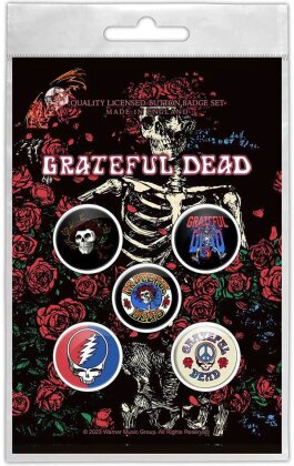 Grateful Dead Button Badge Pack - Skeleton & Rose