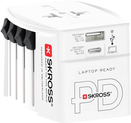 Skross - Adaptateur de voyage MUV PRO 2 pôles + 1 USB charge rapide + 1 Type C 3250 mA Blanc