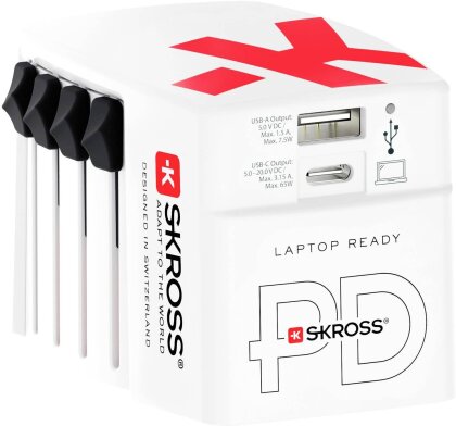 Skross - Adaptateur de voyage MUV PRO 3 pôles + 1 USB charge rapide + 1 Type C 3250 mA Blanc