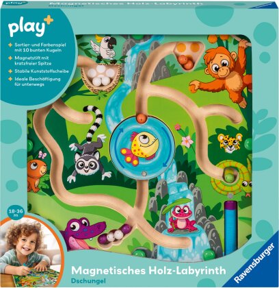 Ravensburger 4873 play+ Magnetisches Holz-Labyrinth - Dschungel, schult Feinmotorik, Geschicklichkeit und Farberkennung, Reisebegleiter, pädagogisches Holzspielzeug für Kinder ab 18 Monaten