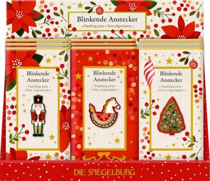 Blinkende Anstecker / Festliche Weihnachten, asort. - Spiegelburg-Nr. 22199 / Thekenaufsteller = 21 Exemplare