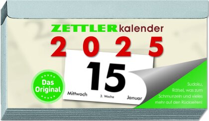 Zettler - Tagesabreißkalender 2025 Q, 10,9x5,9cm, Abreißkalender mit Sudokus, Sonnen- und Mondzeiten, Namenstage, hellgraue Patentklammer, mit Aufhängung und deutsches Kalendarium
