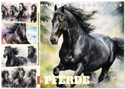 Pferde. Romantische Aquarelle von schwarzen Schönheiten (Tischkalender 2025 DIN A5 quer) - CALVENDO Monatskalender
