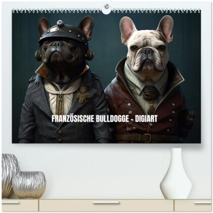 Französische Bulldogge KI Digiart (hochwertiger Premium Wandkalender 2025 DIN A2 quer) - Kunstdruck in Hochglanz