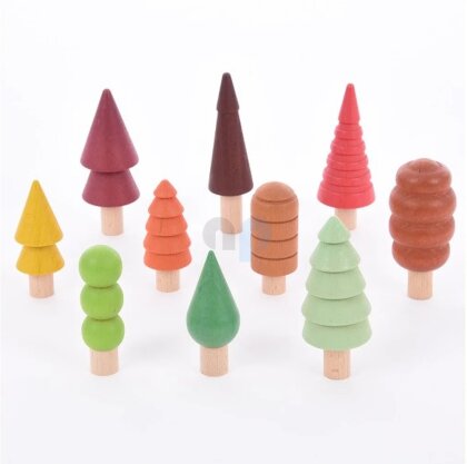 Set of 10 seasonally colored forest tree figures in wood - TickIt