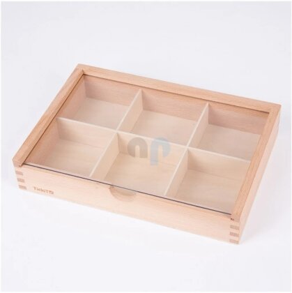 Wooden sorting box with 6 compartments and acrylic lid - TickIt