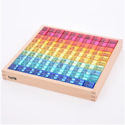 Set di 100 cubi acrilici colorati e trasparenti e una scatola a specchio in legno - TickIt