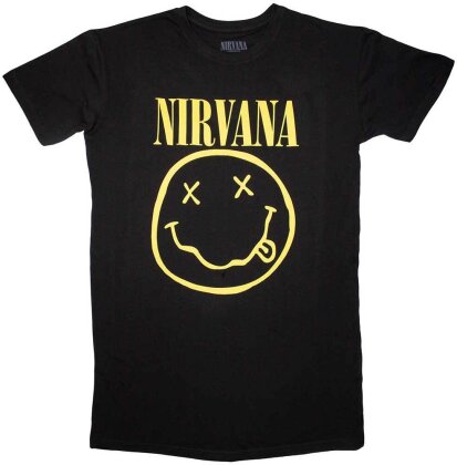 Nirvana Ladies T-Shirt Dress - Yellow Happy Face (Black)