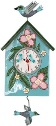 Vogelhaus blau mit Blumen Uhr
